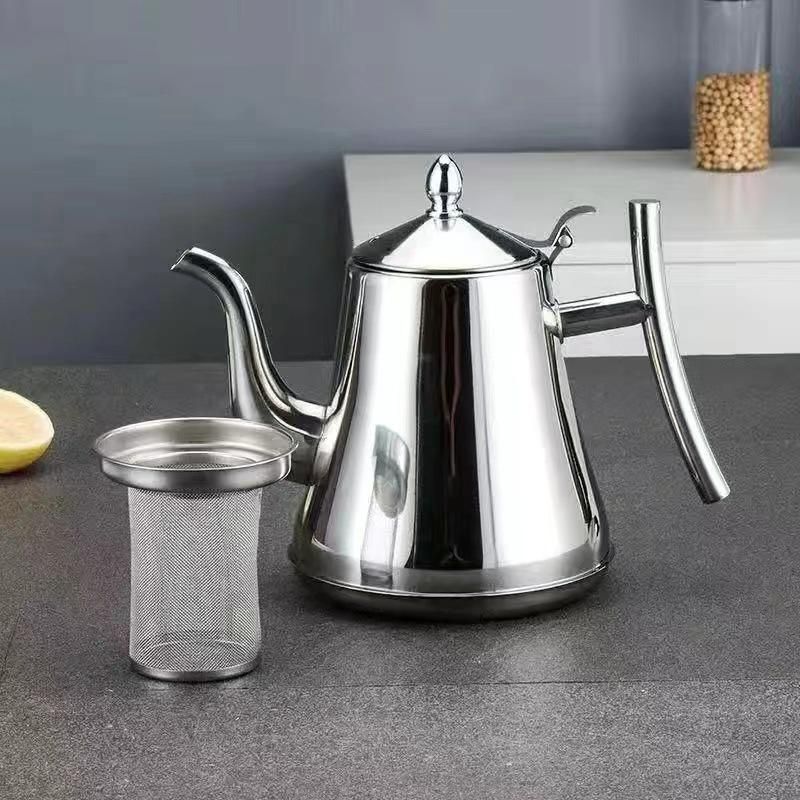 Thickened stainless steel casserole flat-bottomed pot with filter teapot coffee pot cold kettle hotel restaurant restaurant Natural color 1.0L custard pot (1.2L on the outer packaging)