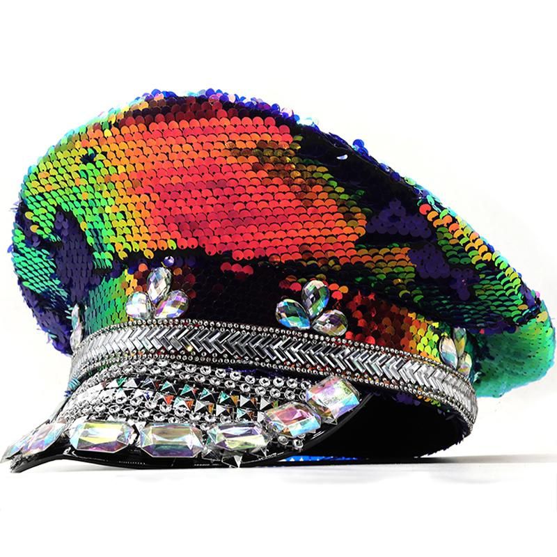 Colorful Sequins & Diamond Luxury Cap for Sailor Captain Sergeant  Wives  Hat Women Birthday Festival Party Po