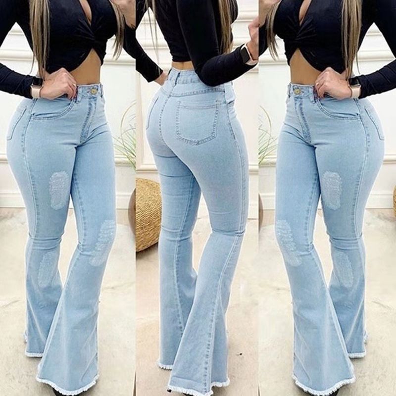 (Light Blue)Women High Waist Denim Jeans Solid Slim Flare Pants Ladies Skinny Full Length Jean Plus Size S-3XL ACU