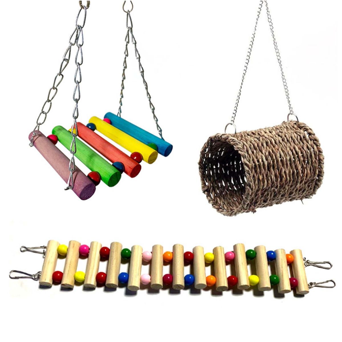 3pcs Bird Parrot Toys Bird Wooden Ladder Pet Bird Cage Swing