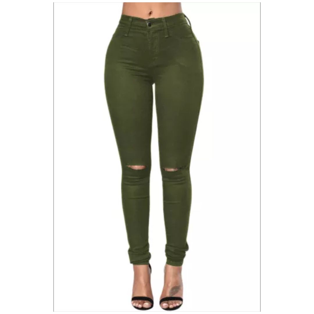 R Olive Green Trendy Slit Knee Denim Pants