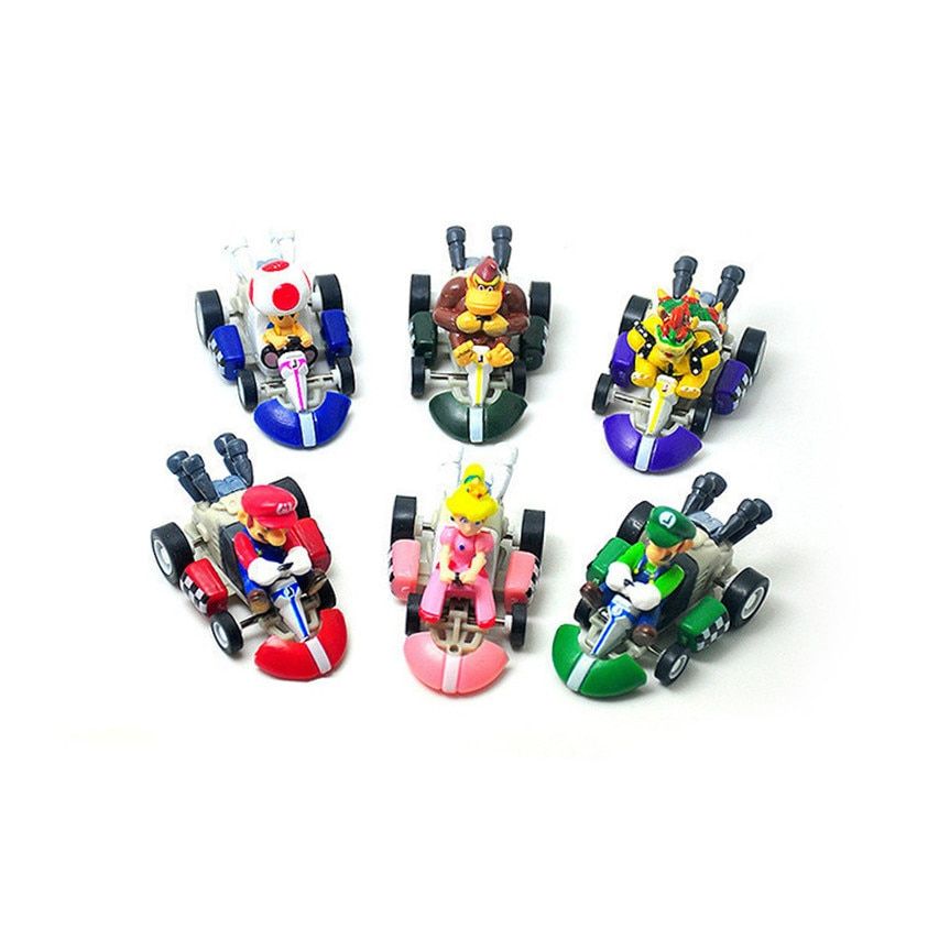 6pcs Set Four Wheel Drive Super Mario Bros Figure Kart PULL