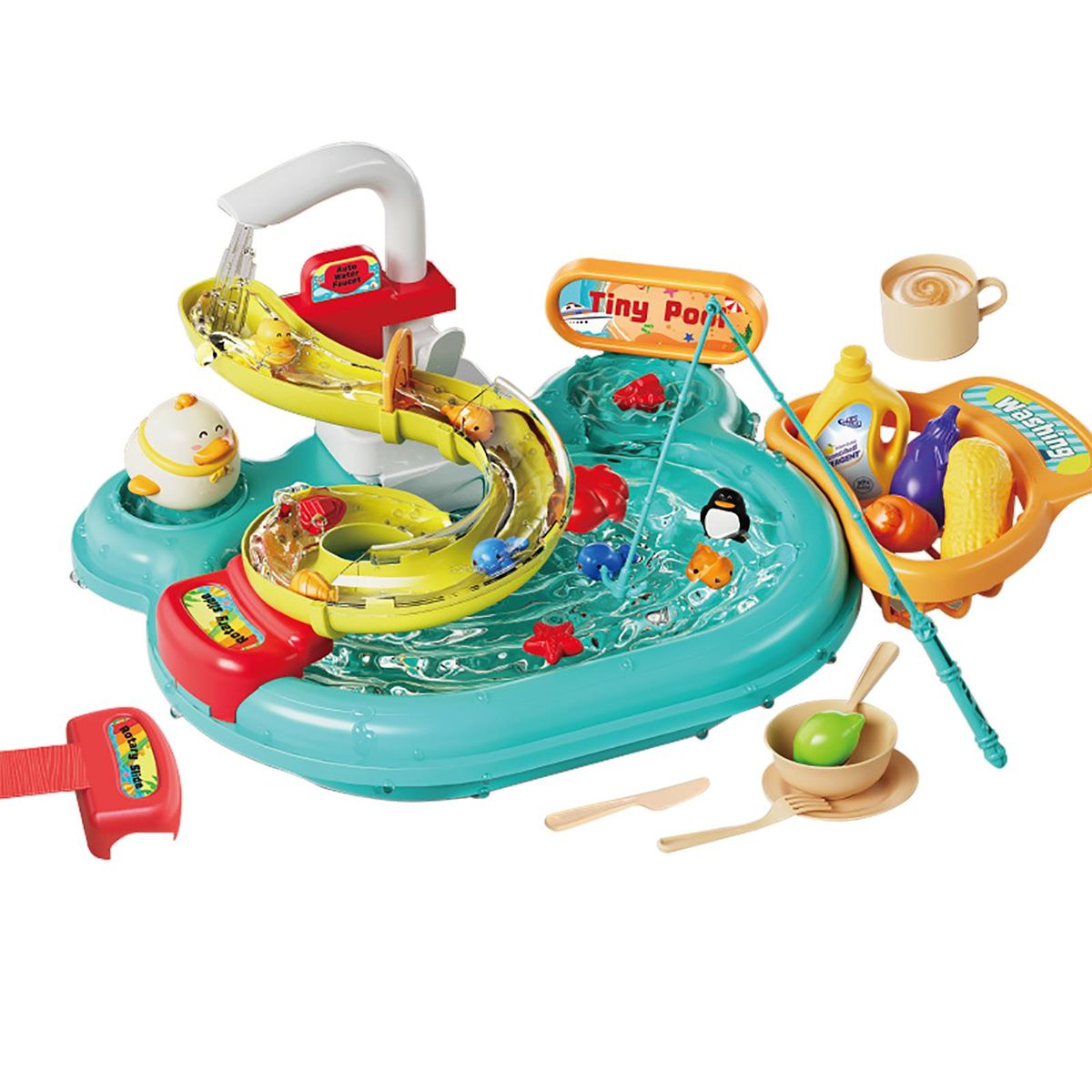 Multi-function Toddler Toy Sink 2-in-1 Kitchen Toys Electric Dishwasher with Running Water Pretend Role Play Toys for Kids with A Water Slide 22pcs Kitchen Accessories 180&deg;Rotatable Water Faucet
