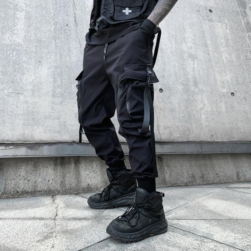 Elastic waistband pants with multiple pockets for men Street clothing Punk Hip-Hop informal to run direct delivery