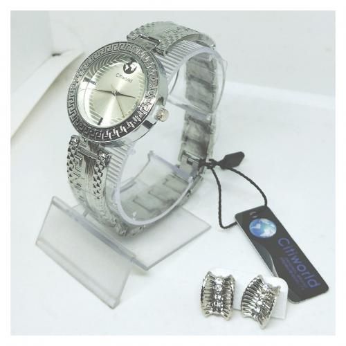 Trendy Cross Face Silver Plated Wristwatch + Earing