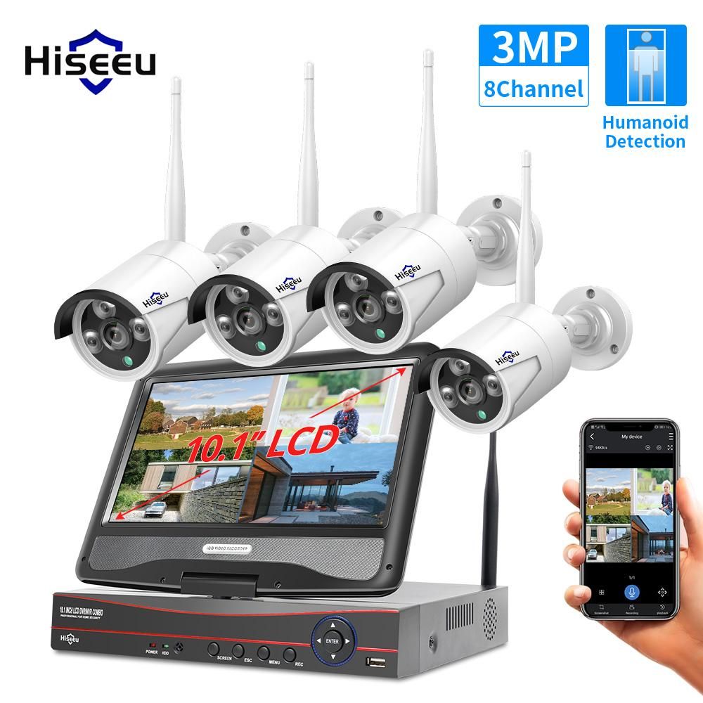 3MP Wireless Security Camera System with 10inch Monitor,8 Channel Video NVR with 4pcs 3MP Outdoor Indoor Home Surveillance IP Camera support Night Vision Motion Detection Remote Access Built-in Microphone,NO Hard Drive