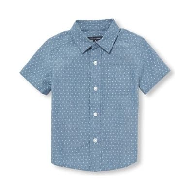 Short Sleeve Printed Chambray Poplin Button-down Shirt