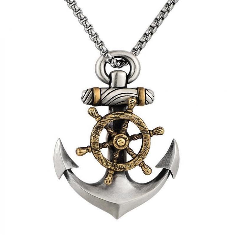 Hip Hop Punk Ship Captain Wheel Rudder With Anchor Nautical Charm Pendant Necklace For Men Fashion Jewelry Silver