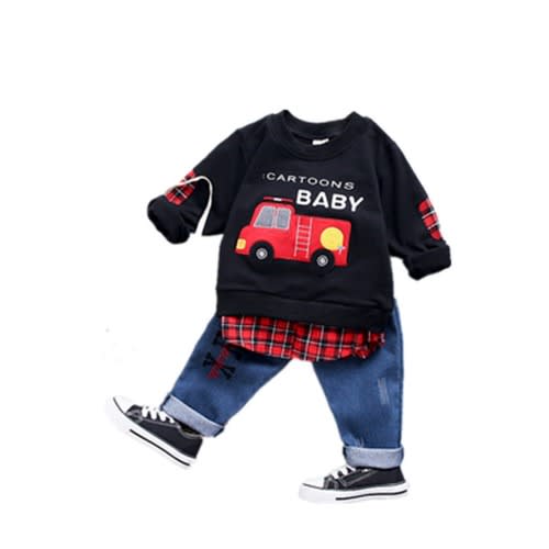 Boy Cartoon Design Shirt With Jeans - Black Plaid
