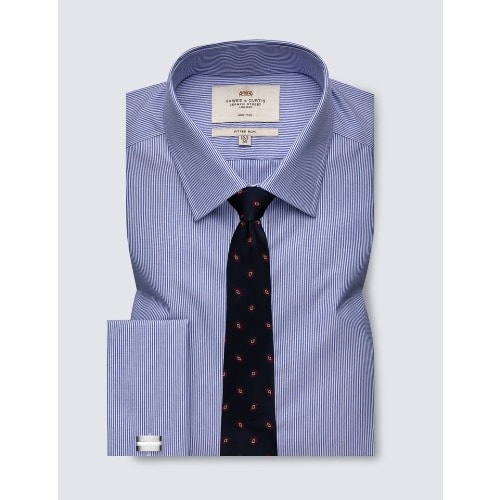 Men's Formal Blue & White Fine Stripe Slim Fit Shirt - Double Cuff - Non Iron