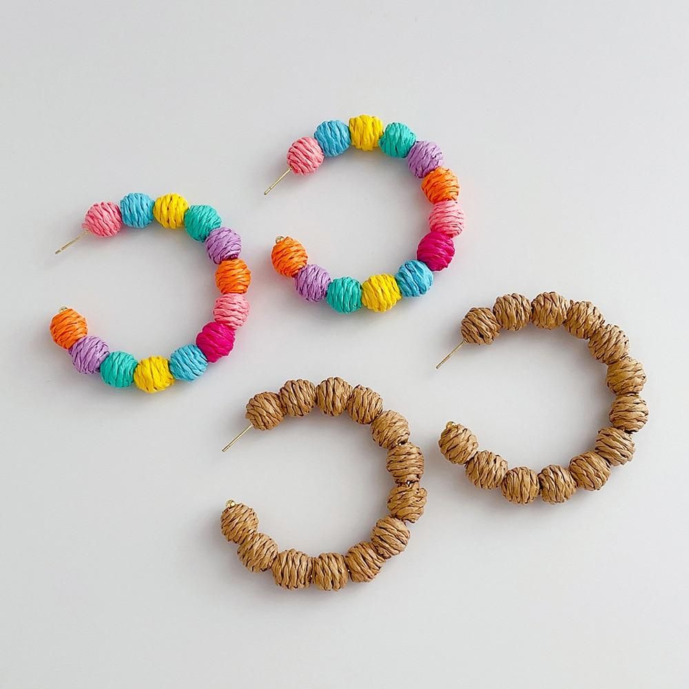 AENSOA Handmade Raffia Rattan Knit Ball Beaded Hoop Earrings for Women Geometric Round Circle Earrings Bohemia Holiday Jewelry