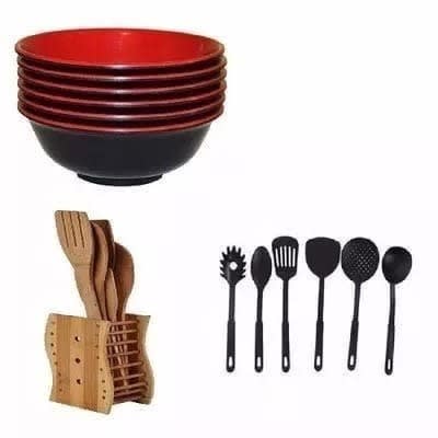 Set Of 5 Wooden Spoon And 5 Piece Of Melamine Bowl With 6 Set Of Non Stick Kitchen Spoon