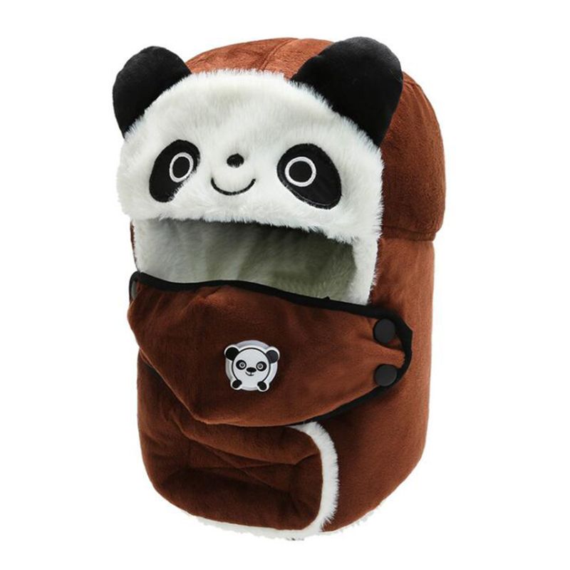 Cute Panda Thick Russian Er Hat Earflap Breathable Detachable Mask Hats Women Men Cold Winter Warm Fur Headwear  Caps-Coffee Color