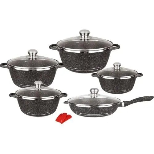 Die-cast Granite Non-stick Cooking Pot Set + Hand Glove - 10 Pcs