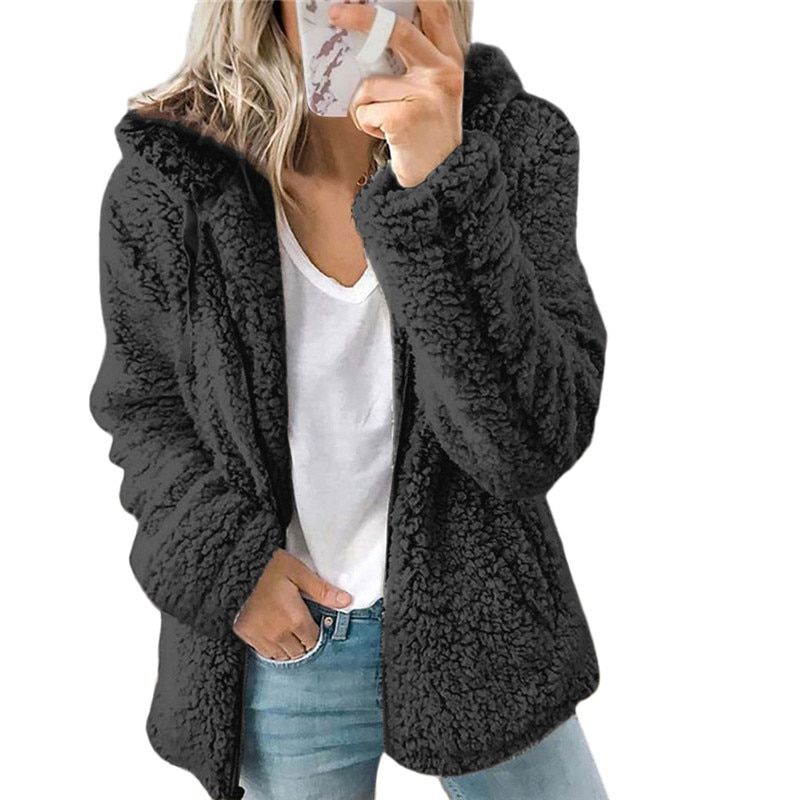 2021 Women Autumn Winter Jacket Female Coat Causal Soft Hooded Fleece Plush Warm Plus Size Faux Fur Fluffy Zipper Top