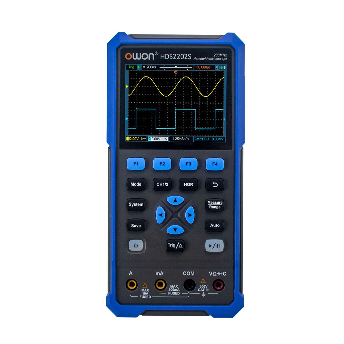 OWON HDS2202S 3 in 1 Handheld Digital Oscilloscope Multimeter Waveform Generator 200MHz 1GSa/s Dual Channels Oscilloscope True RMS 20000 Counts Multi Tester 3.5-inch Color LCD Rechargeable Type-C Interface