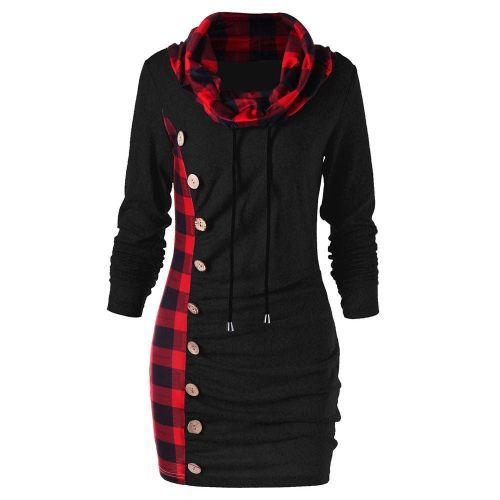 Women Plaid Panel Drawstring Button Sweatshirt