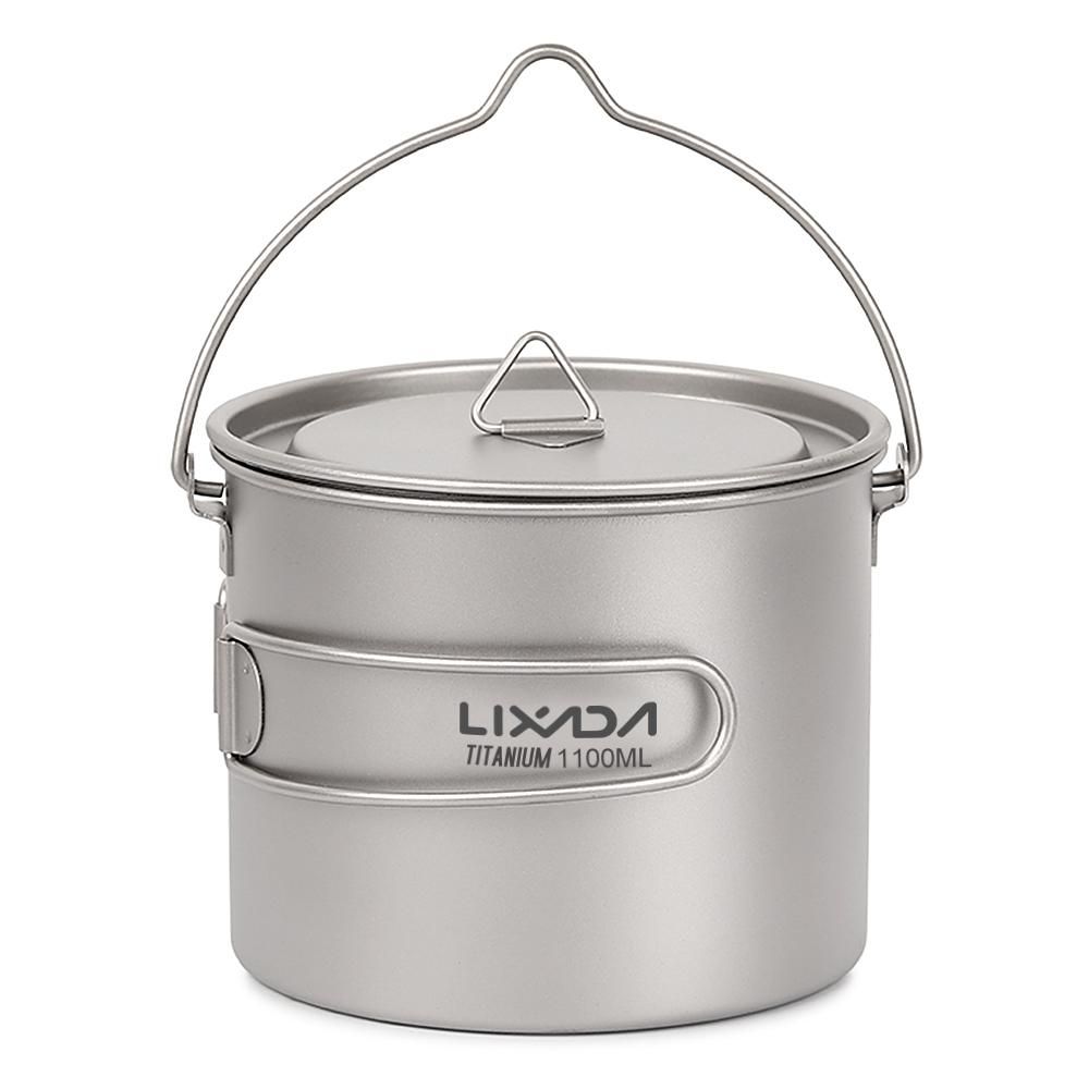 Lixada 750ml/900ml/1100ml Ultralight Titanium Pot Water Mug Cup with Lid and Foldable Handle Outdoor Camping Cooking Picnic