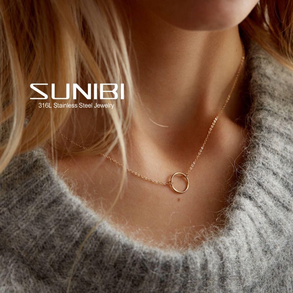 SUNIBI Stainless Steel Choker Necklace for Women Simple Circle Pendant Chain Necklaces Brand Gold Color Jewelry Accessories Gift