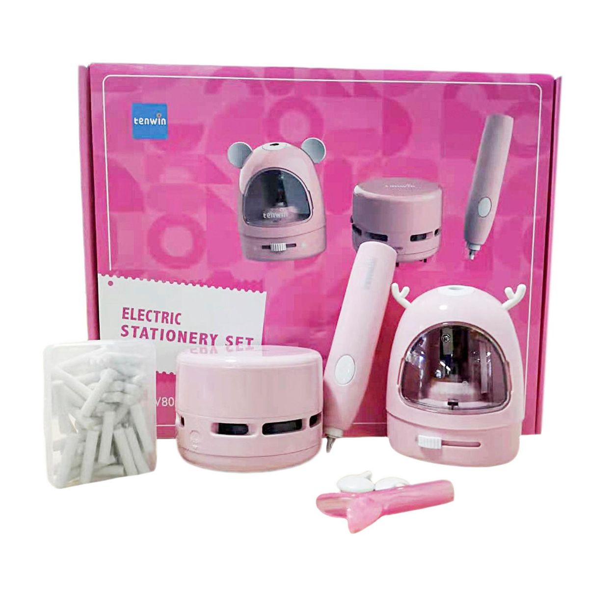 Electric Pencil Sharpener Eraser Vacuum Cleaner Set Stationery Set Battery Operated with 50 Eraser Refills for Kids Adults Home Office School Classroom