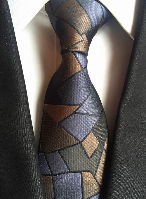 Geometric Brown Blue White 100% Silk Tie New Jacquard Woven