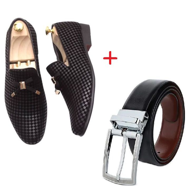 BLACK. LEATHER SHOE WITH REVERSIBLE BLACK AND BROWN BELT