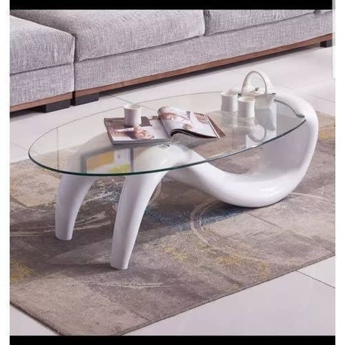 Living Room Center Table - Glass Oval - White
