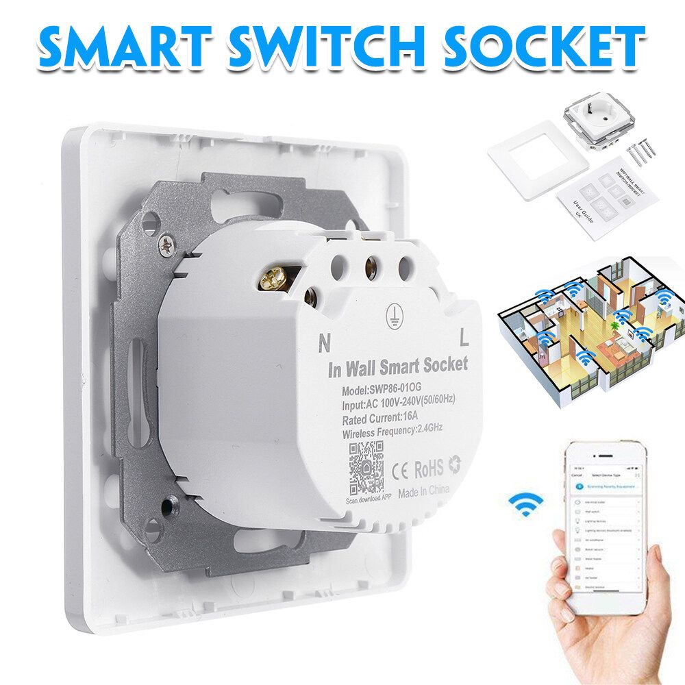 Smart WiFi 2.4GHz Plug Socket Outlet Wall Switch Wireless APP Voice Control White
