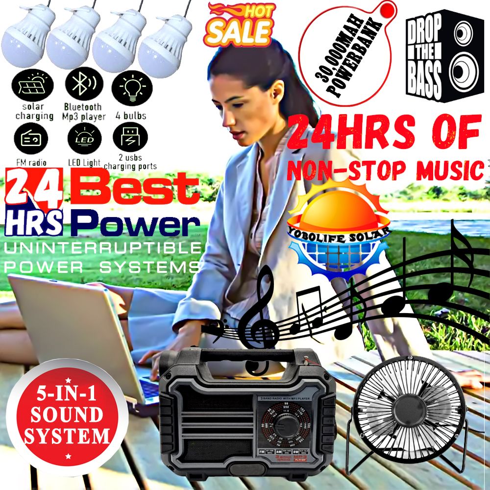 24/7 Solar Rugged Music Woofer, Solar Kit With 4 Bulbs,Solar Panel(BT,FM,TF & MP3) For Home & Office