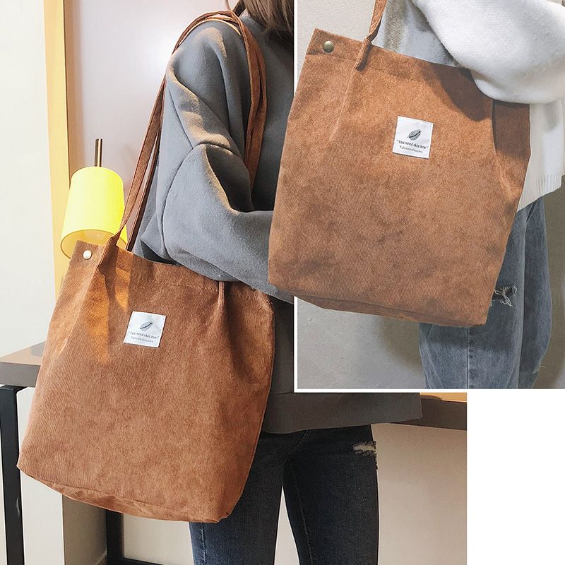 Women Shoulder Bags Corduroy Totes Vintage Holiday Shopping Handbag - Brown