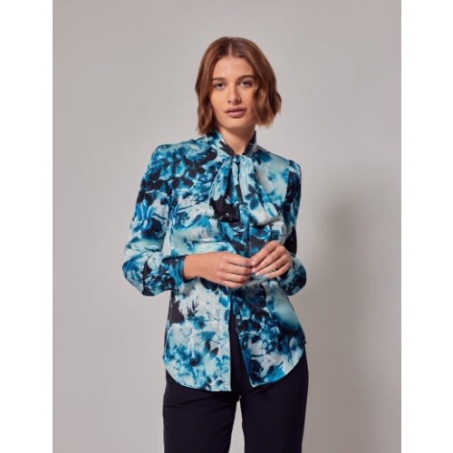 Women's Blue & White Floral Satin Pussy Bow Blouse