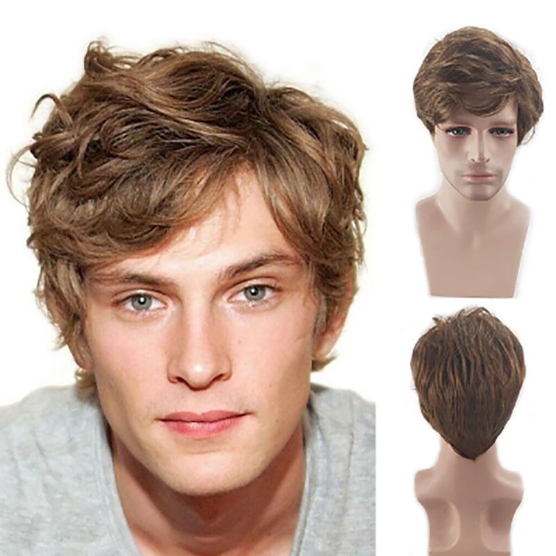 Wig Men  Short Curly Layered  Synthetic  Hair  Brown Wigs