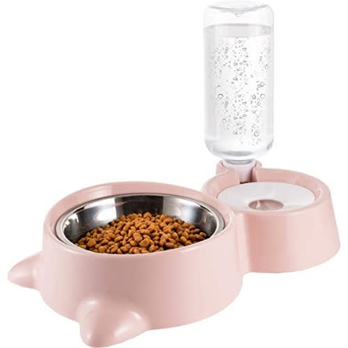 TD Single Bowl With Automatic Drinking Bottle For Dog & Cat - Pink