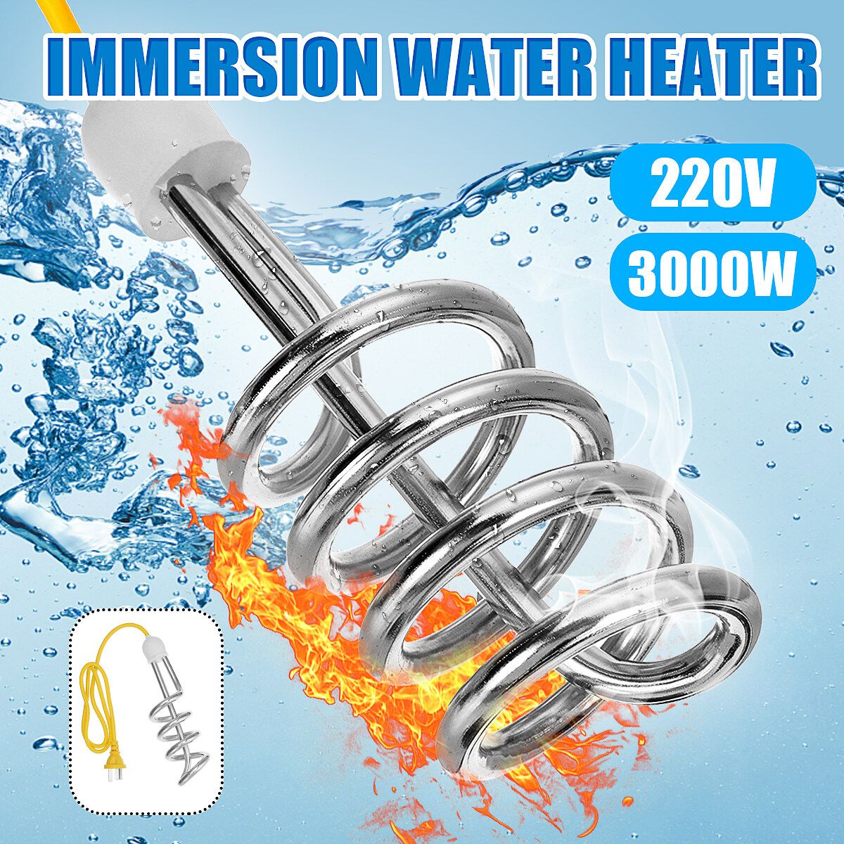 220V 3000W Portable Hot Water Heater Electric Boiler Immersion Heating Rod Bar