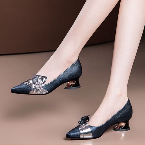 Ladies Fashion Pointed Thick Heel Shoes-Blue