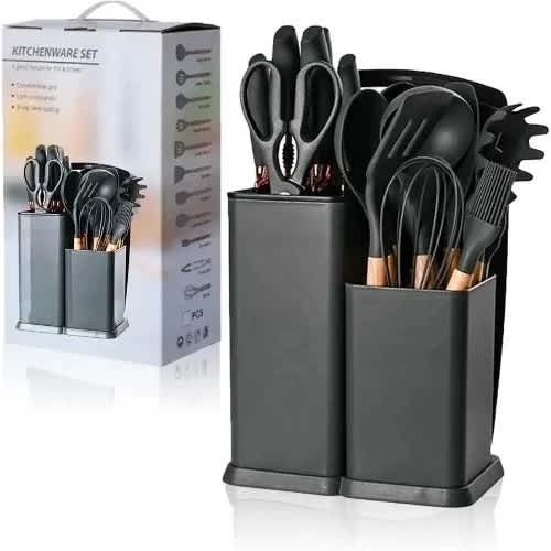 Silicone Nonstick Cooking Spoon Set With Knives And Chopping Board - Black