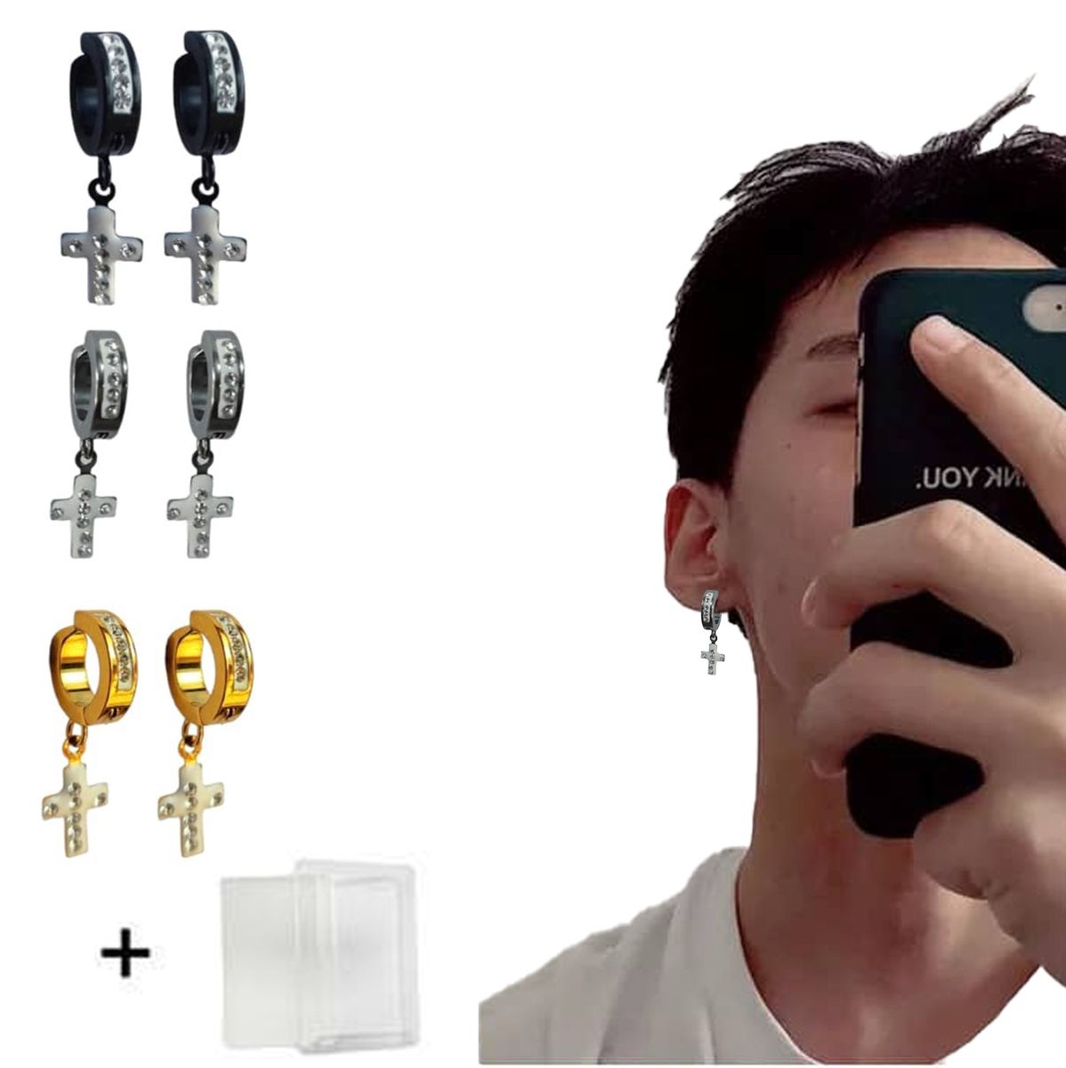 6 Pcs Classy Iced Silver Gold Black Unisex Magnetic Shape Ear Clip Stainless Steel Men Women Non Piercing Earring Fashion Jewelry Punk Cross Style Mens Earrings