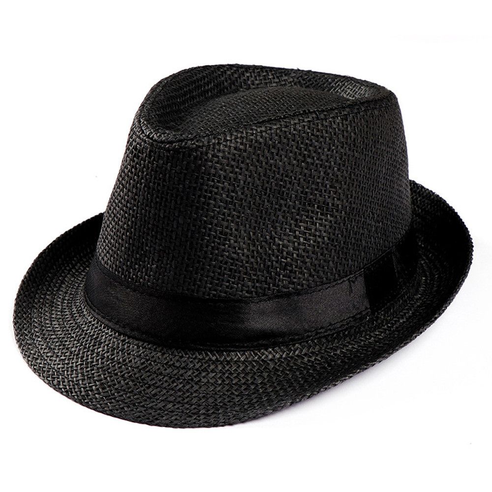 Uni Sunhat Women Men Fashion Summer Casual Trendy Beach Sun Straw Jazz Band Hat Cowboy Fedora Hat Gangster Cap Black