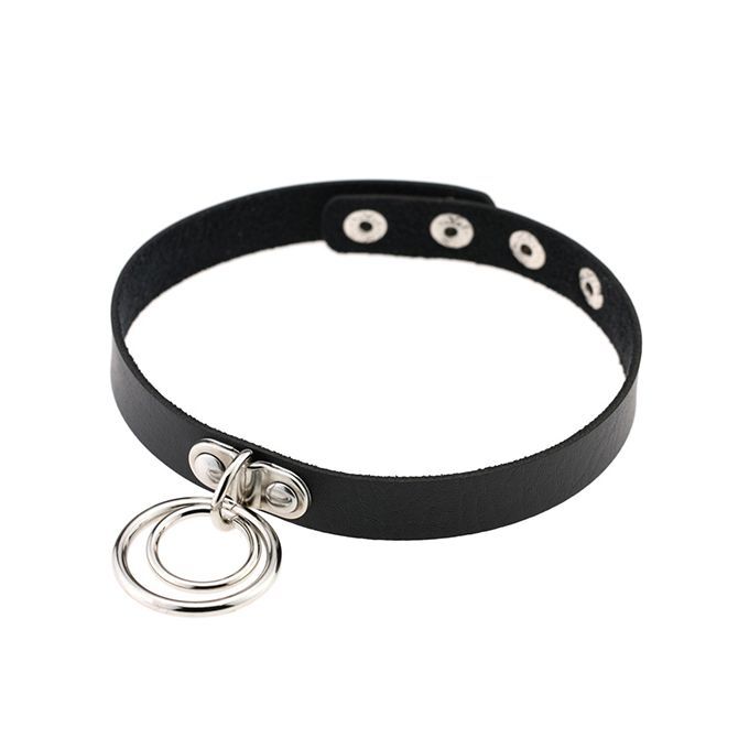 Punk Faux Leather Alloy Rings Charm Collar Choker-Black