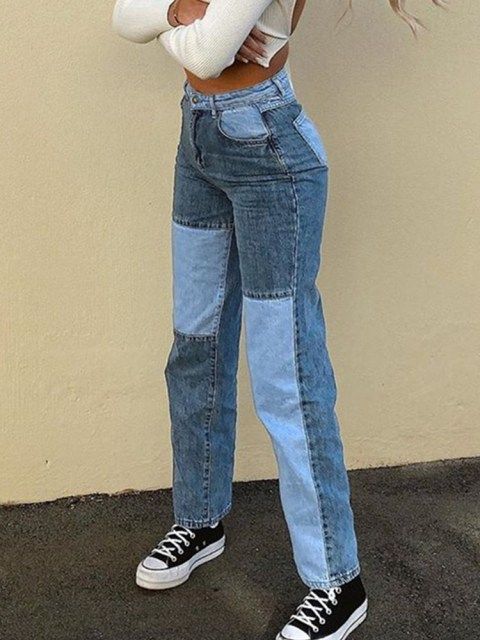 Woman Jeans Patchwork Baggy Mom Pants Vintage High Waist Boyfriend Explosive