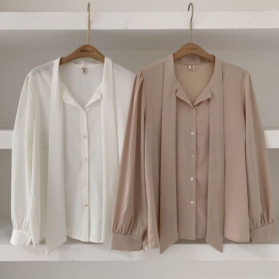 Shirt Women's Spring and Autumn New Korean Style White Chiffon Shirt Women's Bow Loose Long Sleeve Western Style Shirt Top Fashion