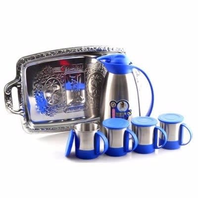 Vacuum Flask With Cups & Tray Set - 6 Pieces