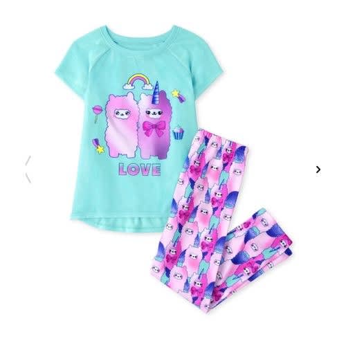 Girls Llama Corn Love Cotton Snug Fit Pyjamas - Aqua and Pink