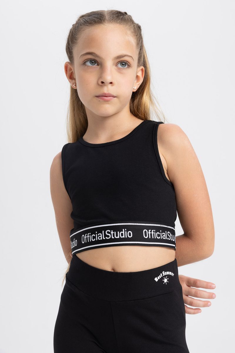 Girl Casual Cropped Fit Short Sleeve Knitted Athlete - Black