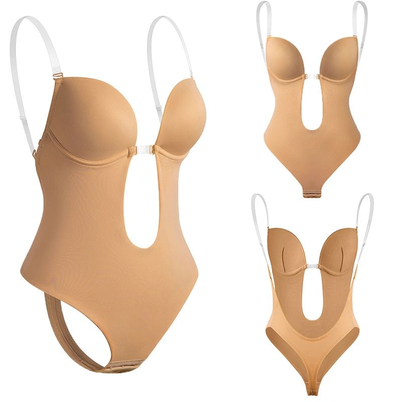 Woman Deep V Bodysuit Clear S Backless Plunge   Padded Bra Lady Body-coffee