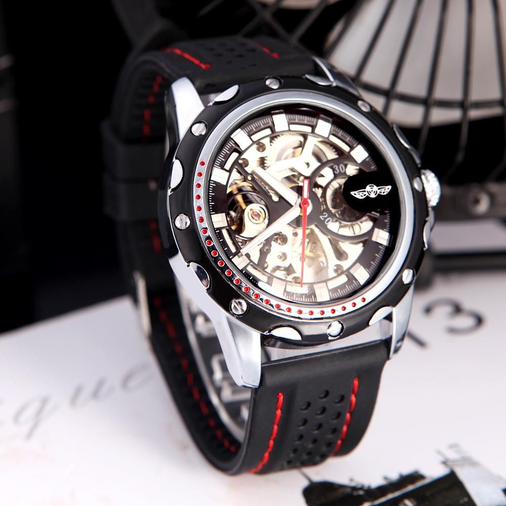 Winner Fashionable Men's Skeleton Semi Automatic Mechanical Watch with Classical Dial Design Silicone Wrist Band Black