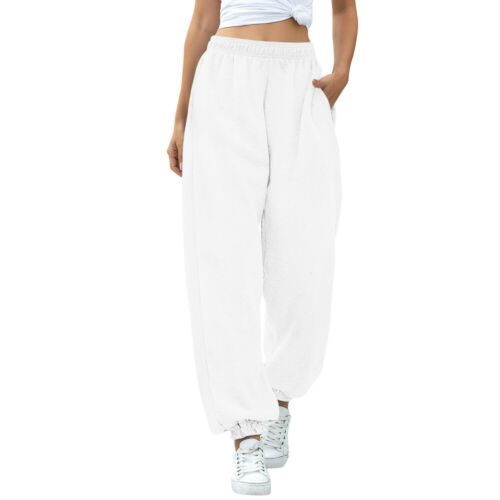 Autumn Winter Fleece Joggers Sweatpants Women High Waist Solid Loose Baggy Hip Hop Casual Fashion Sport Pants Streetwear(#White)