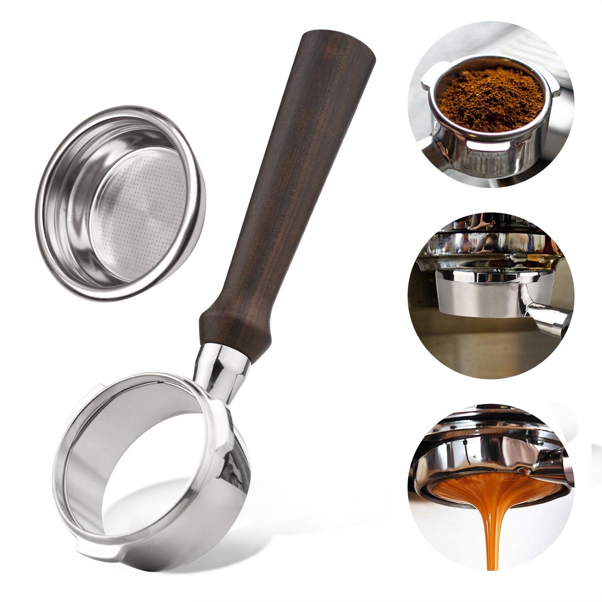 58mm 3 Ears Stainless Steel Bottomless Naked Portafilter Wooden Coffee Handle Cup Filter Basket Replacement for Barsetto BA101 BA102 Calphalon Temp IQ