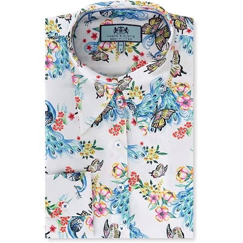 Women's White And Blue Matt Satin Peacock Print Vintage Collar Semi Fitted Blouse