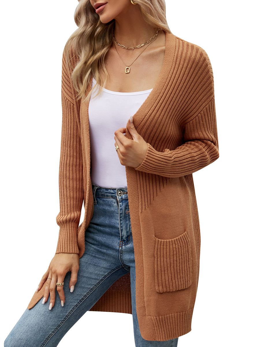Women Cardigan Open Front Long Sleeve Side Pockets Ribbed
